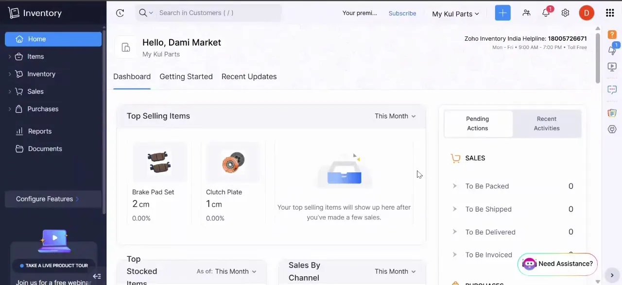 Zoho Inventory dashboard with top selling items