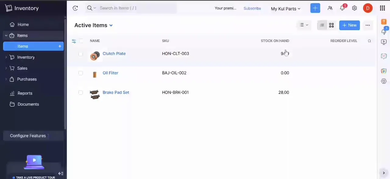 Zoho Inventory item list with Honda and Bajaj part SKUs