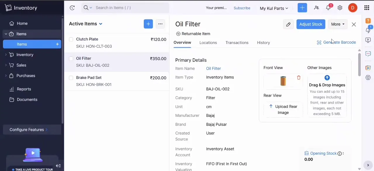 Zoho Inventory item details for an oil filter with brand, manufacturer and FIFO valuation