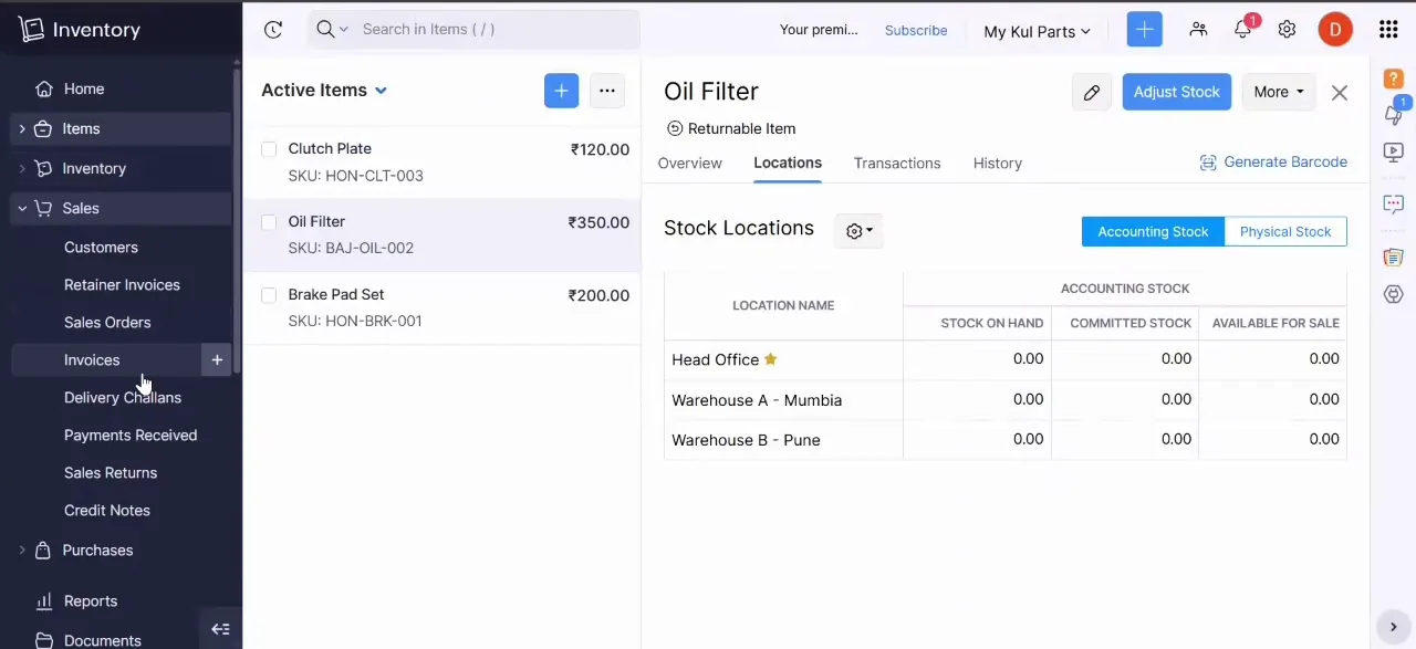 Zoho Inventory stock locations across three warehouses