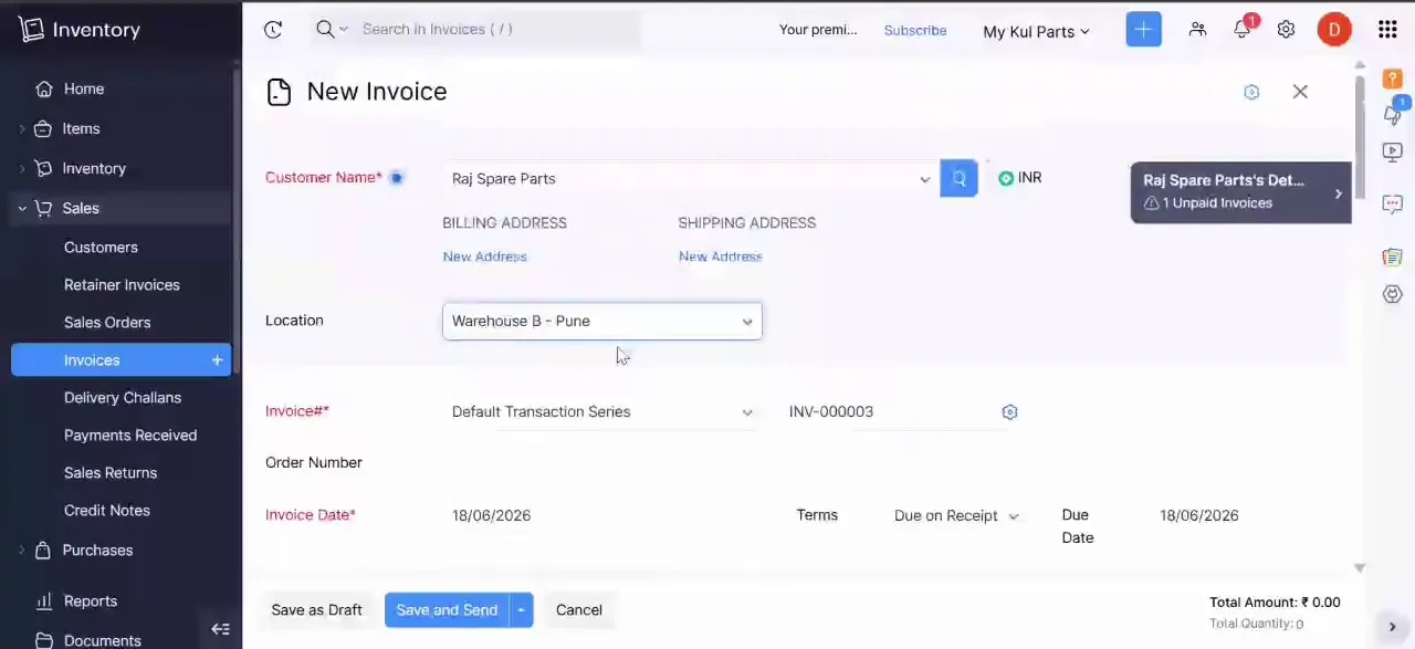 New invoice with the Pune warehouse selected as location