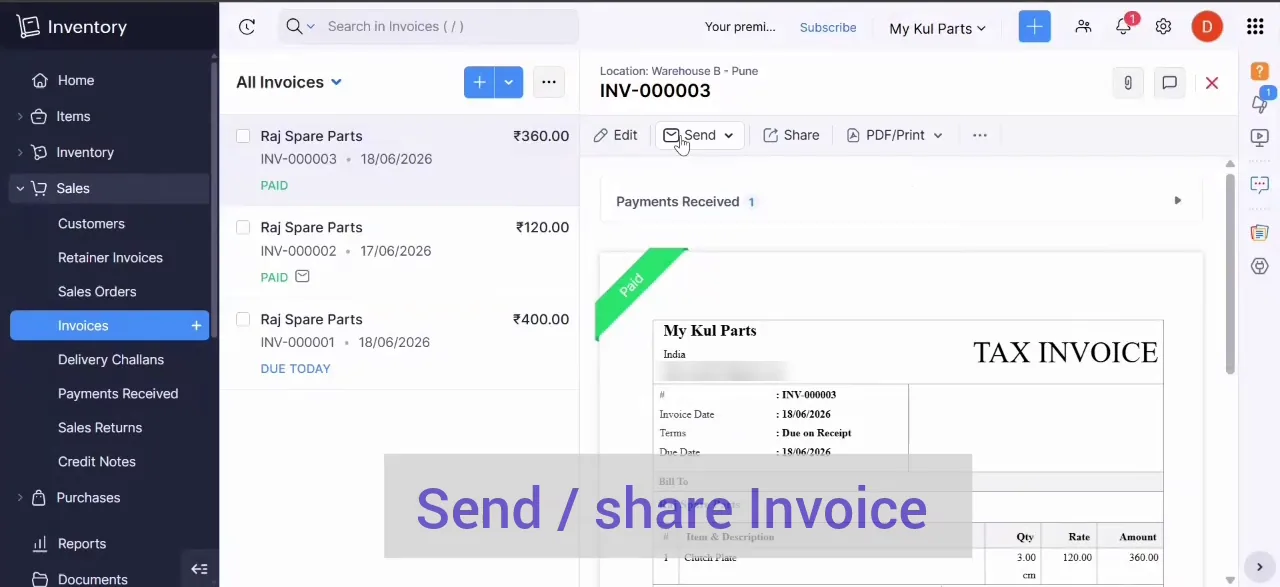 Paid tax invoice generated in Zoho Inventory