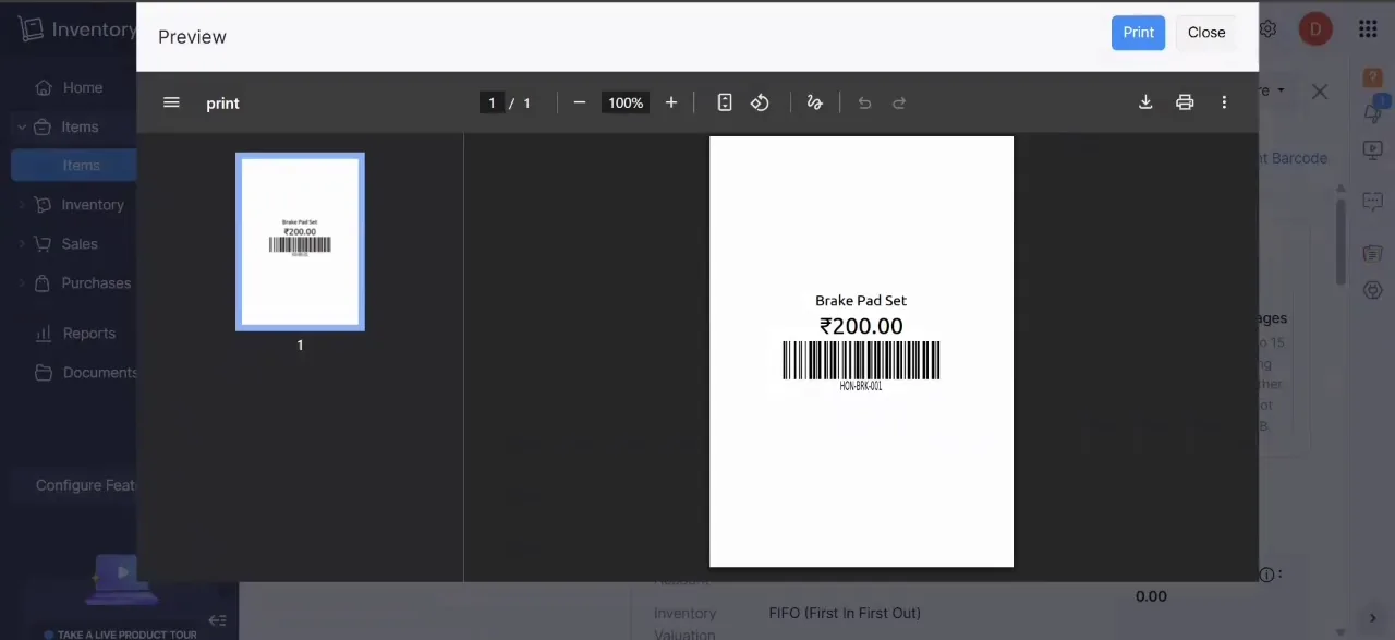 Printable barcode label for a brake pad set