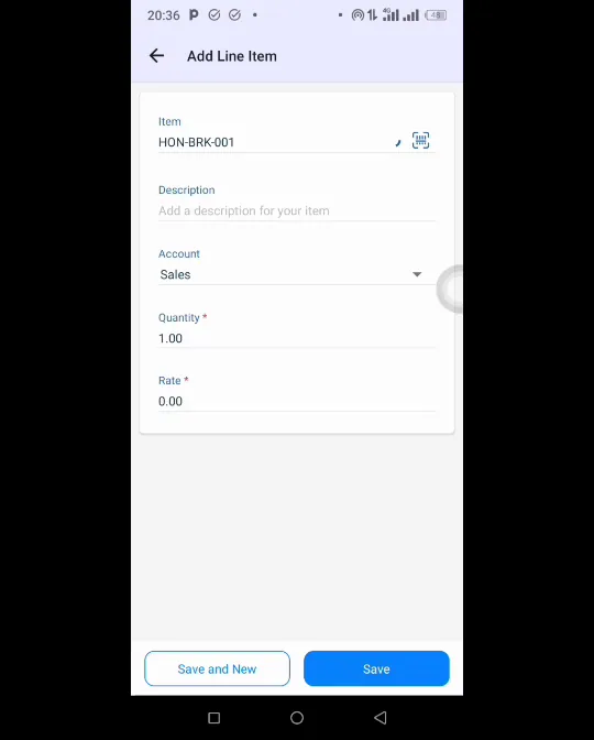 Zoho Inventory mobile app adding an invoice line by scanning a barcode