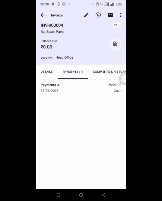 Paid invoice on the Zoho Inventory mobile app