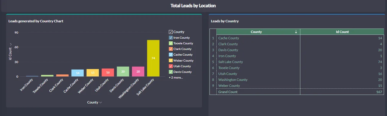 Leads by county chart and table
