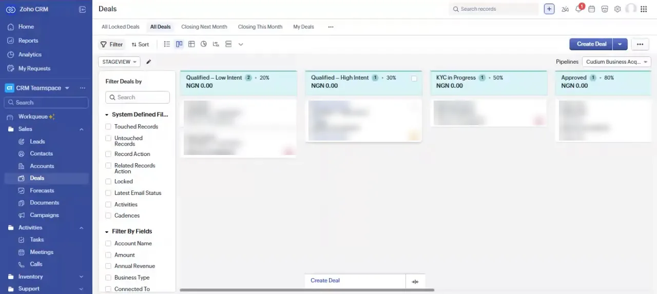 Zoho CRM deals board with stages and probabilities