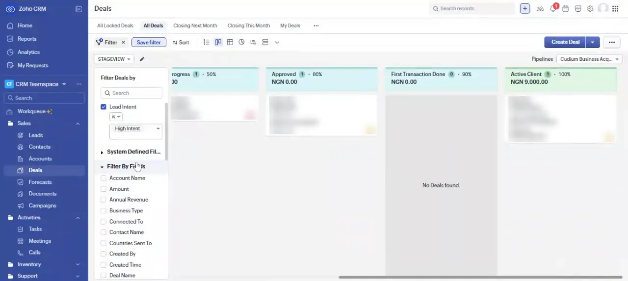 Zoho CRM deals board showing First Transaction Done and Active Client stages