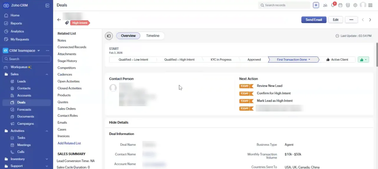 Zoho CRM deal for Cudium with a stage path from Qualified to Active Client and automatic tasks