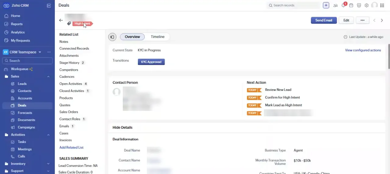 Zoho CRM Blueprint transition button for KYC Approved