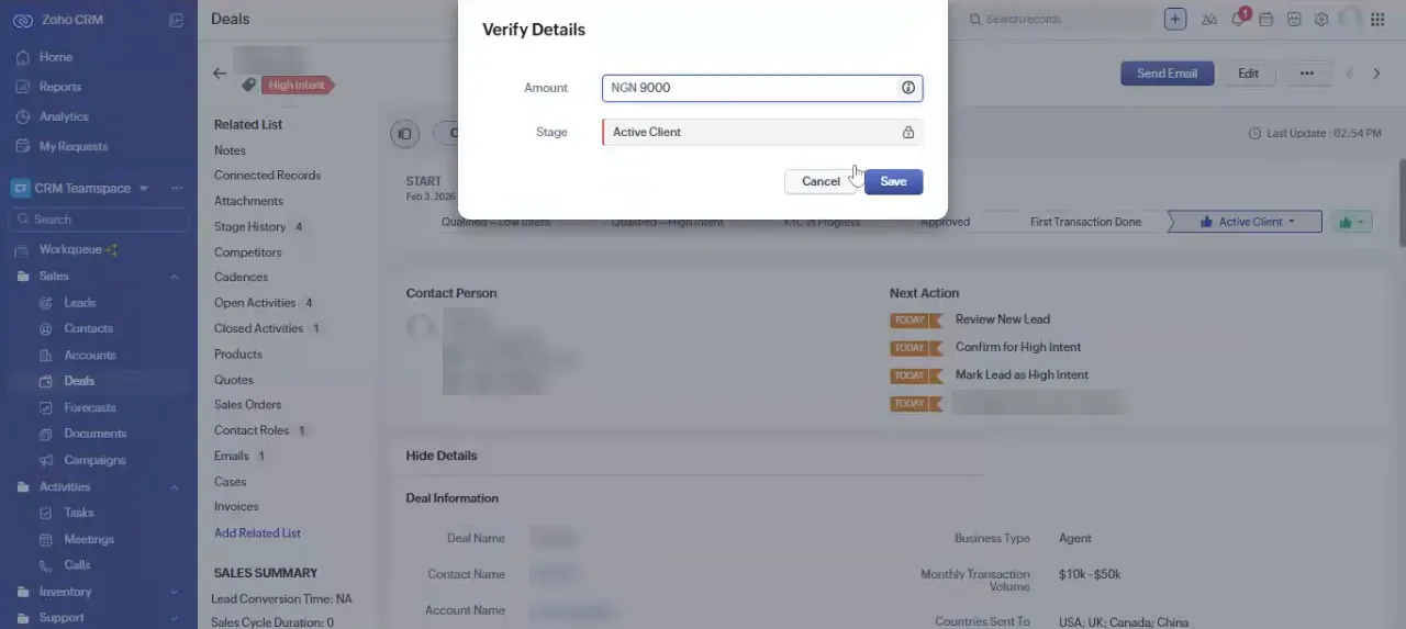 Zoho CRM dialog asking to verify the transaction amount before moving to Active Client