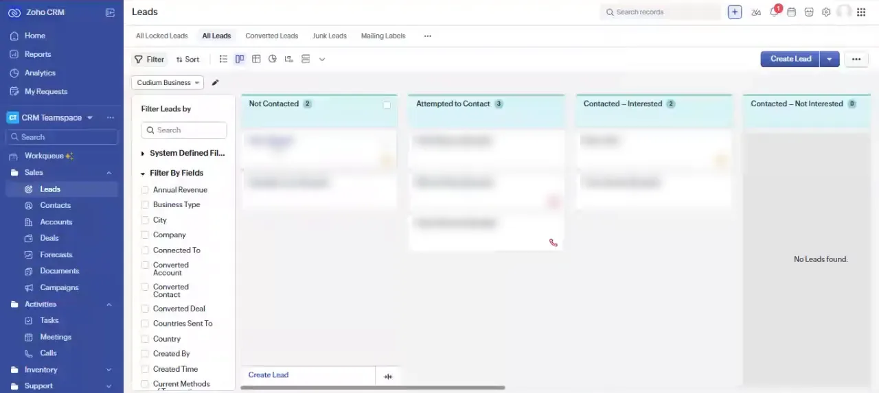 Zoho CRM leads board with contact status columns