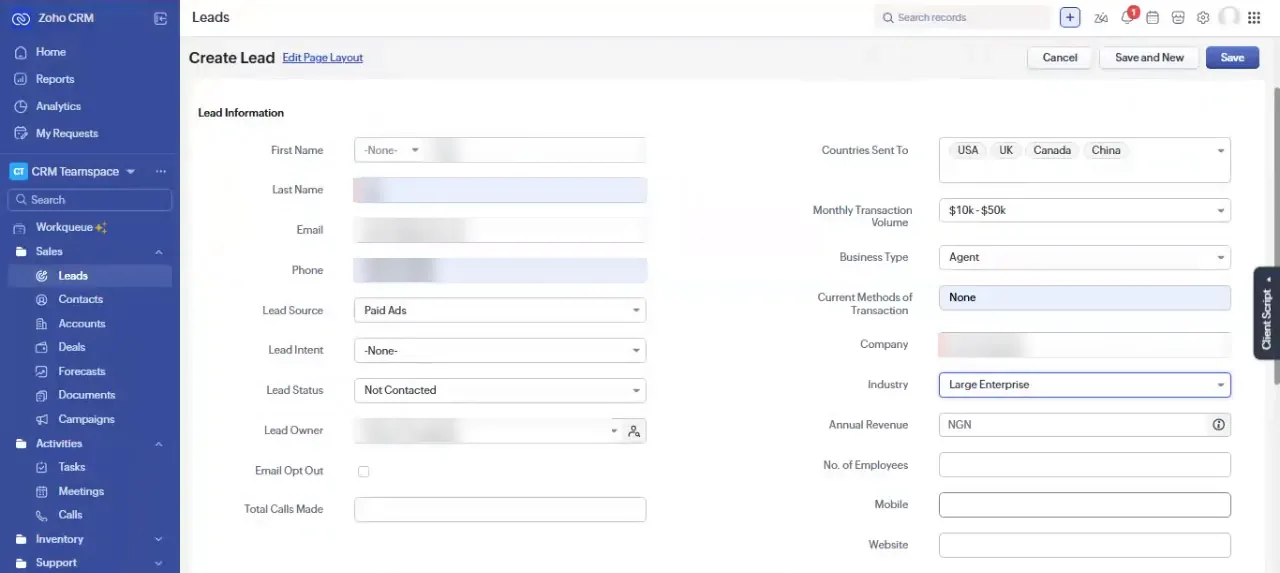 Zoho CRM lead form with custom fields for countries, monthly volume and business type