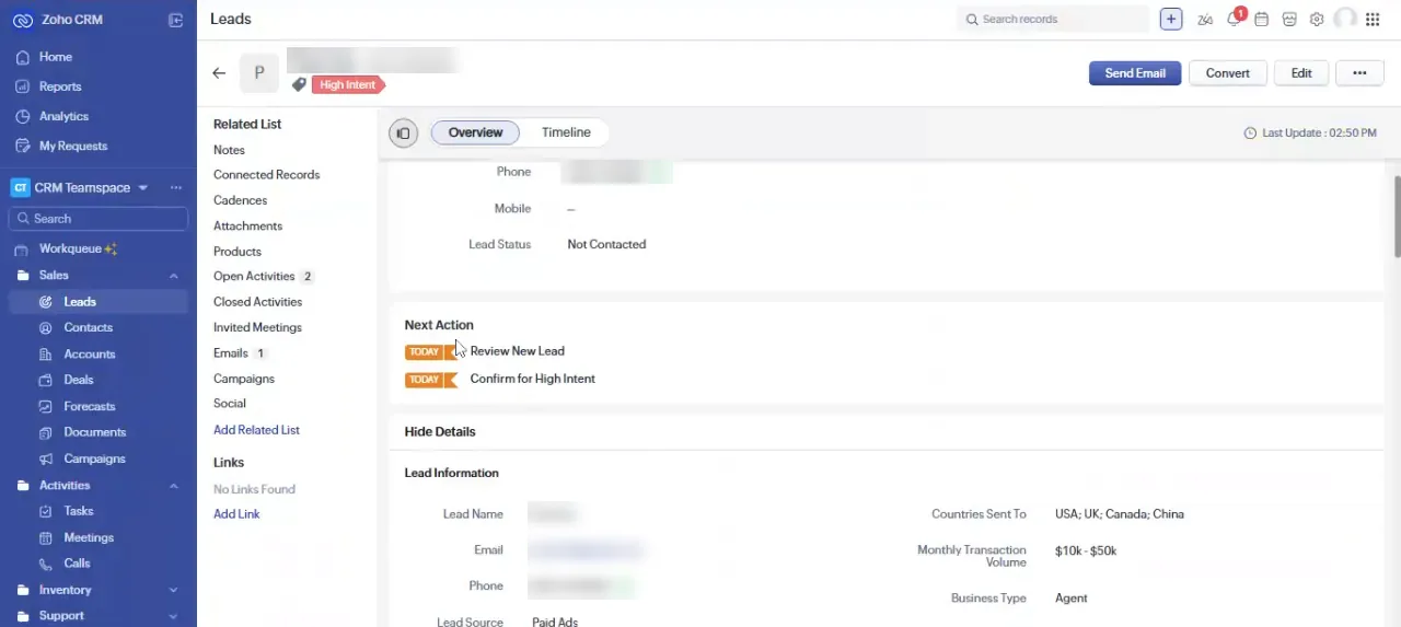 Zoho CRM lead with automatic Review New Lead and Confirm High Intent tasks