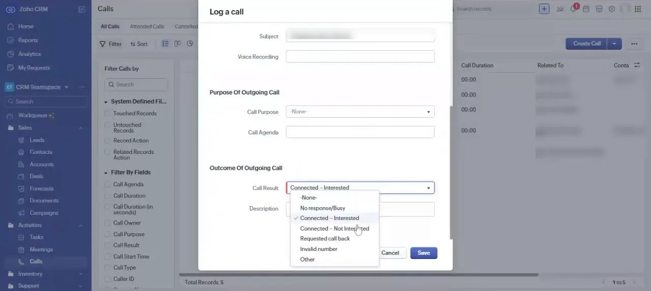 Zoho CRM log a call dialog with purpose and outcome options