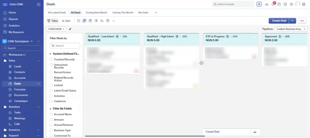 Zoho CRM deals board after lead conversion
