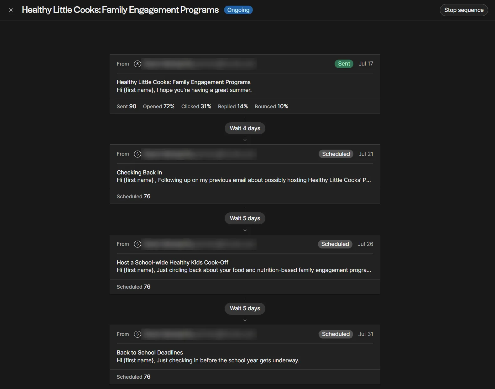 Folk email sequence with four steps and first-email stats