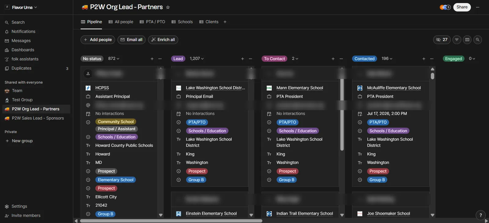 Folk pipeline board with Lead, To Contact, Contacted and Engaged columns
