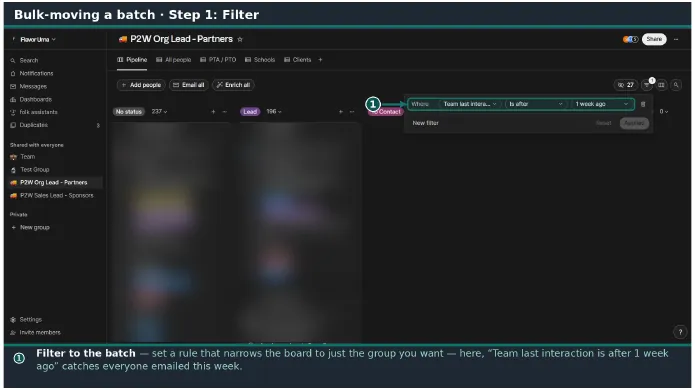 Annotated guide page explaining how to bulk-move a batch of contacts
