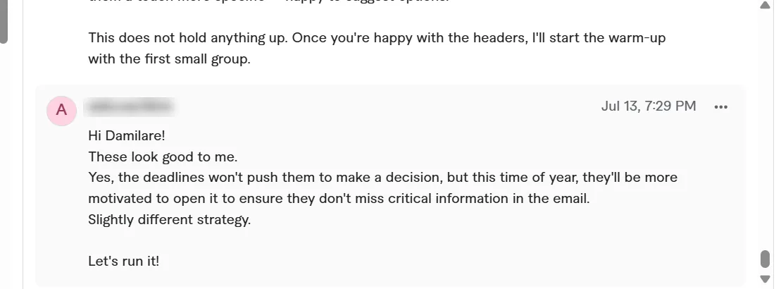 Client approval message