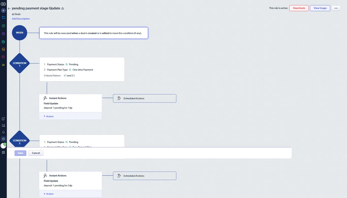Zoho CRM payment stage update workflow with conditions