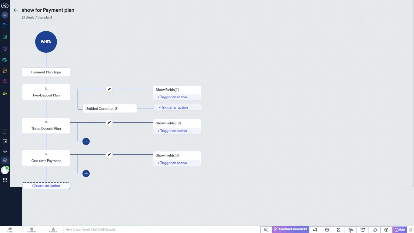 Zoho layout rule showing fields per payment plan