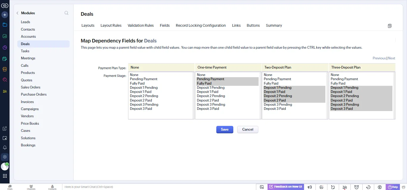 Zoho field dependency mapping payment plan to payment stages