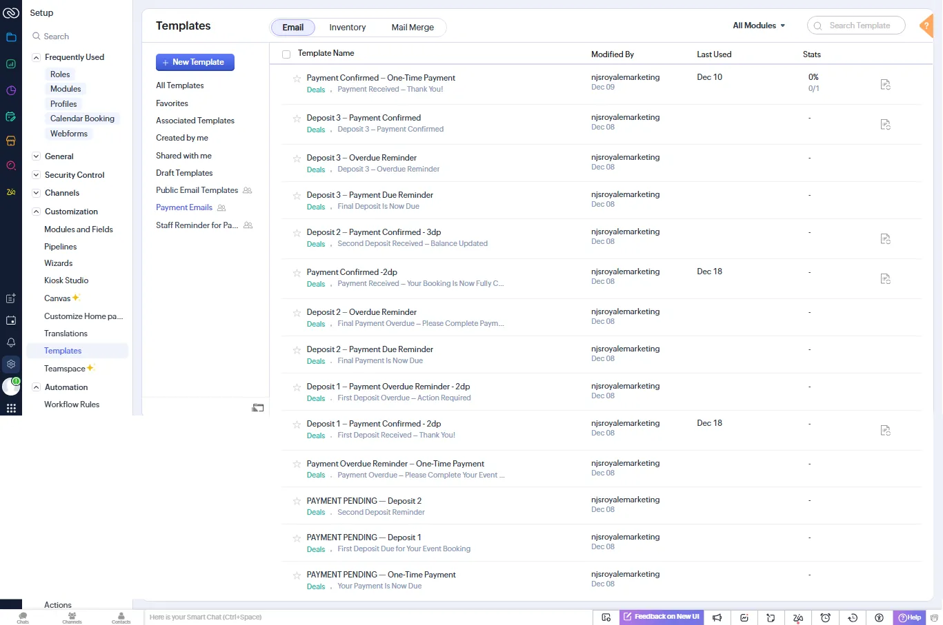 List of Zoho CRM payment email templates