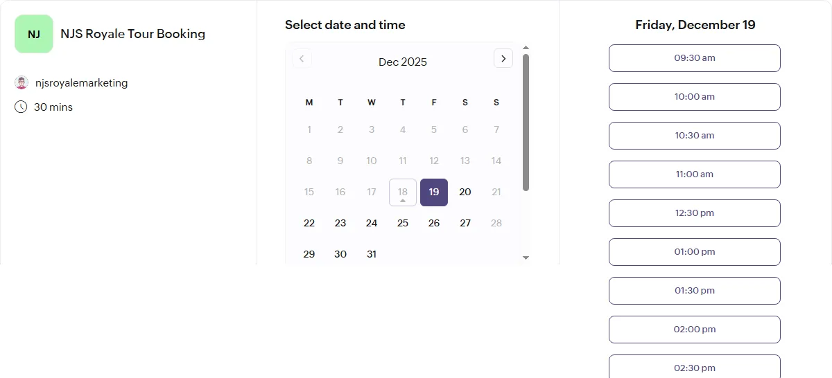 NJS Royale tour booking page on Zoho Bookings