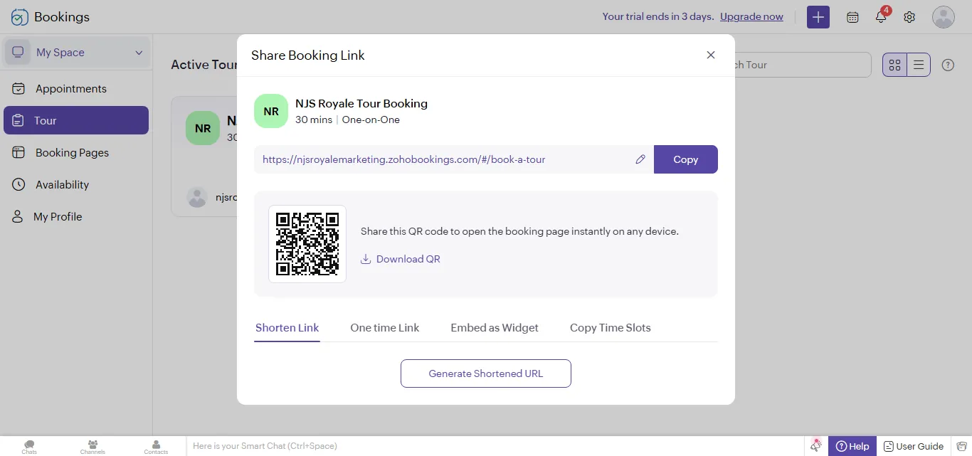 Share booking link dialog with QR code