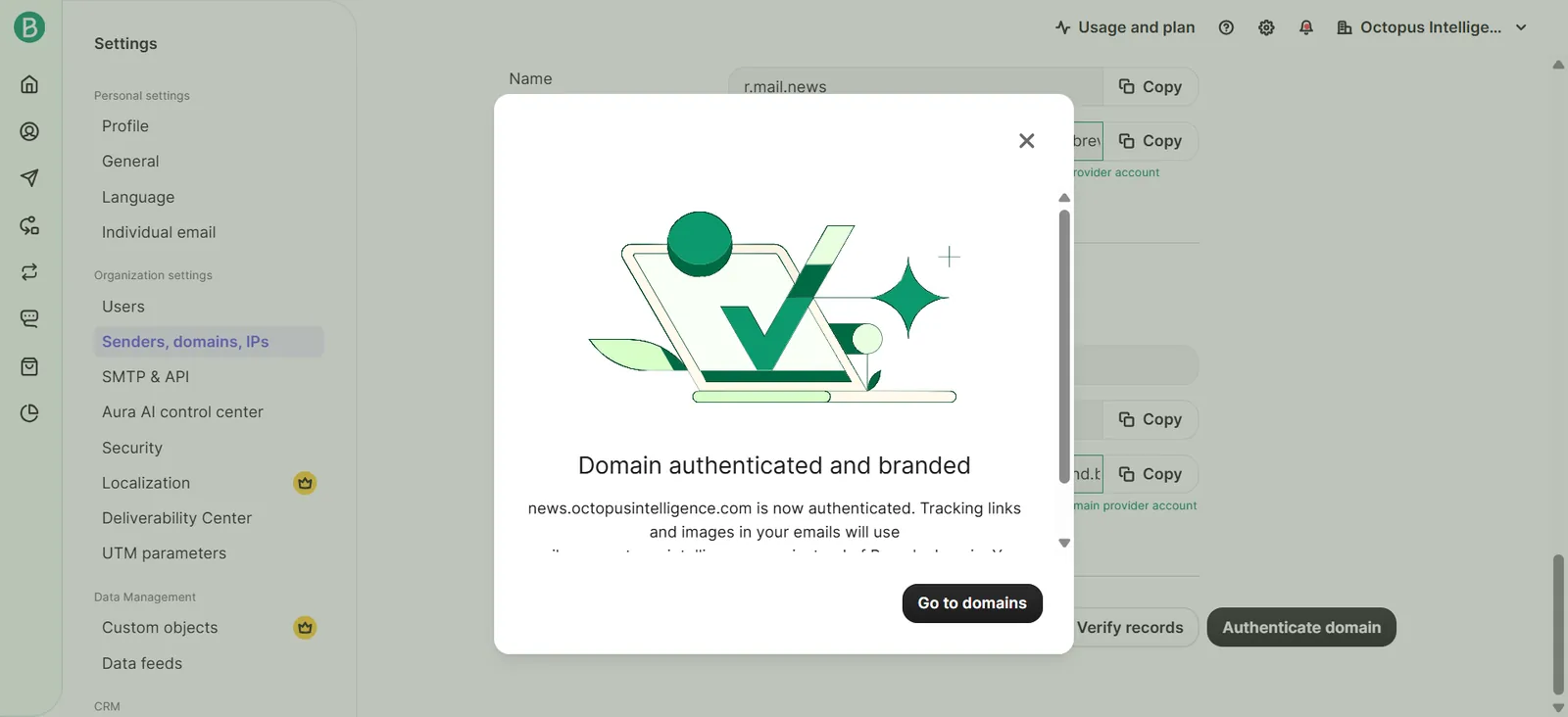 Brevo confirming the domain is authenticated and branded