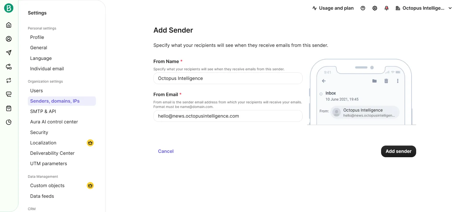 Brevo add sender screen