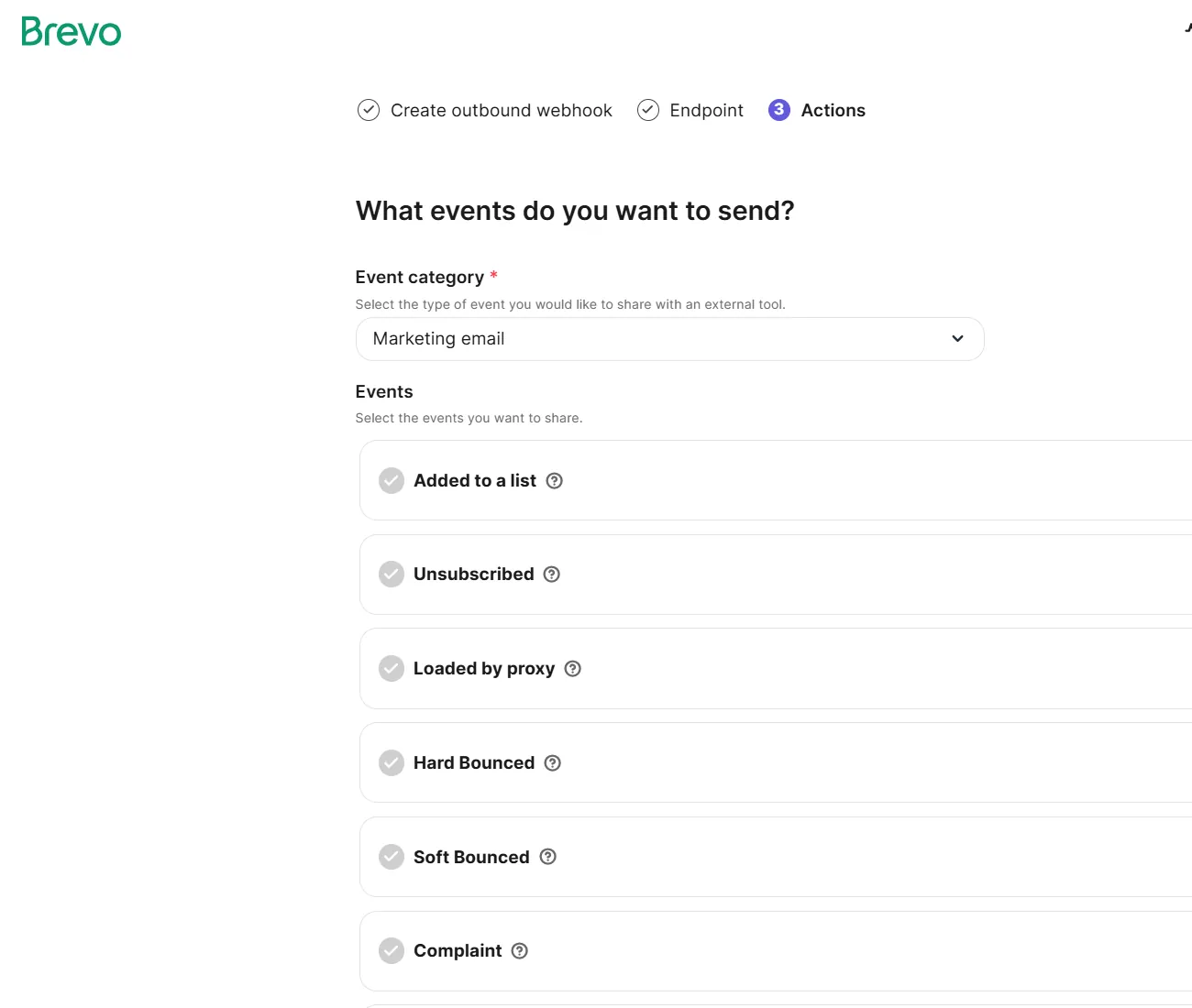 Brevo outbound webhook with unsubscribed, hard and soft bounce events enabled
