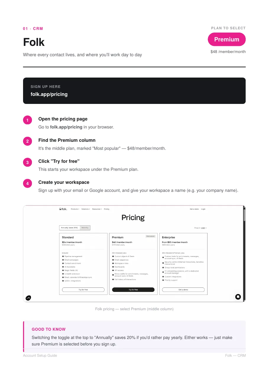Setup guide page for Folk
