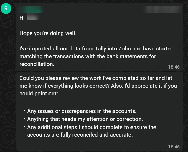 Client message asking for a review of their Tally to Zoho migration