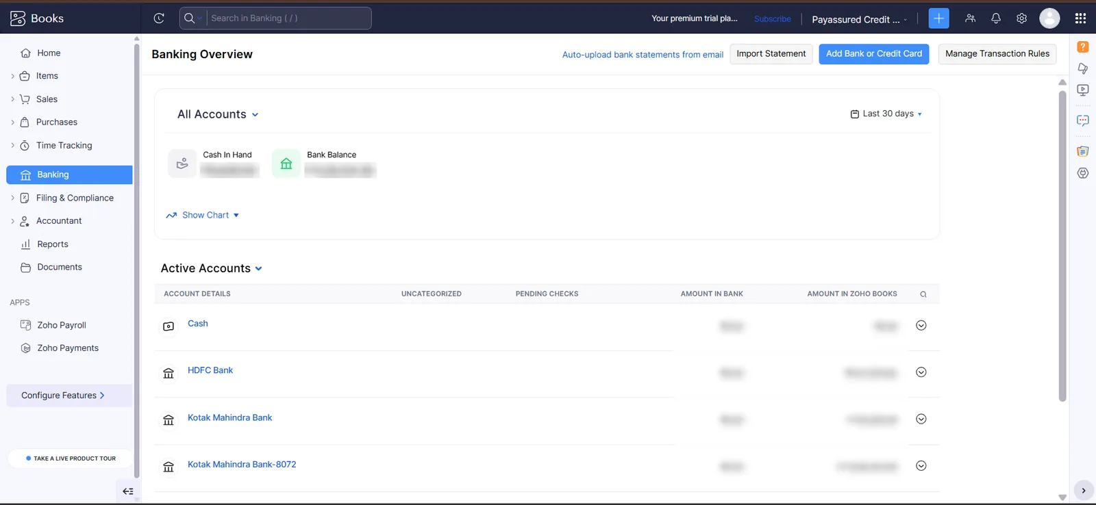 Zoho Books banking overview with cash, HDFC and two Kotak accounts