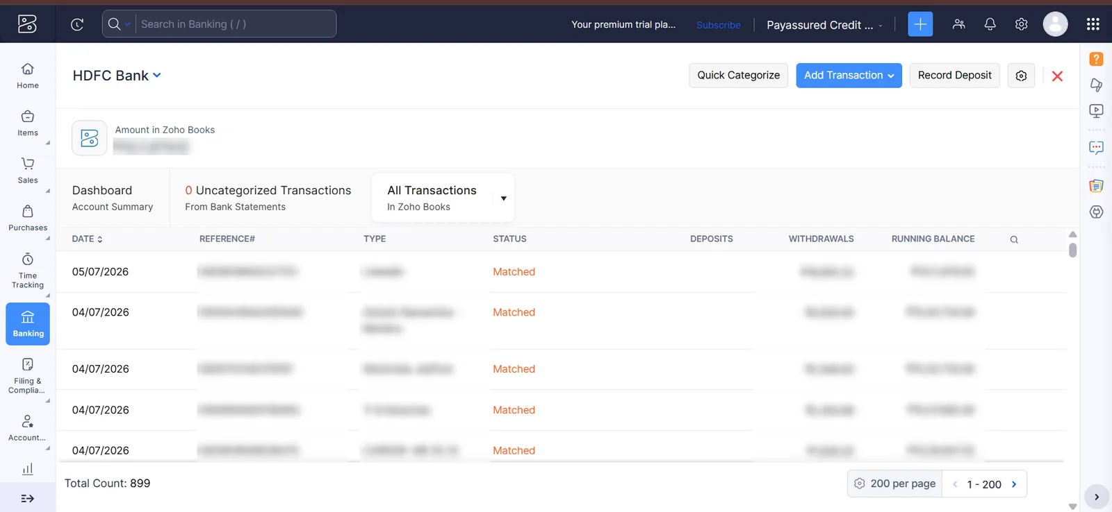 Zoho Books HDFC bank account with 899 transactions matched and zero uncategorized