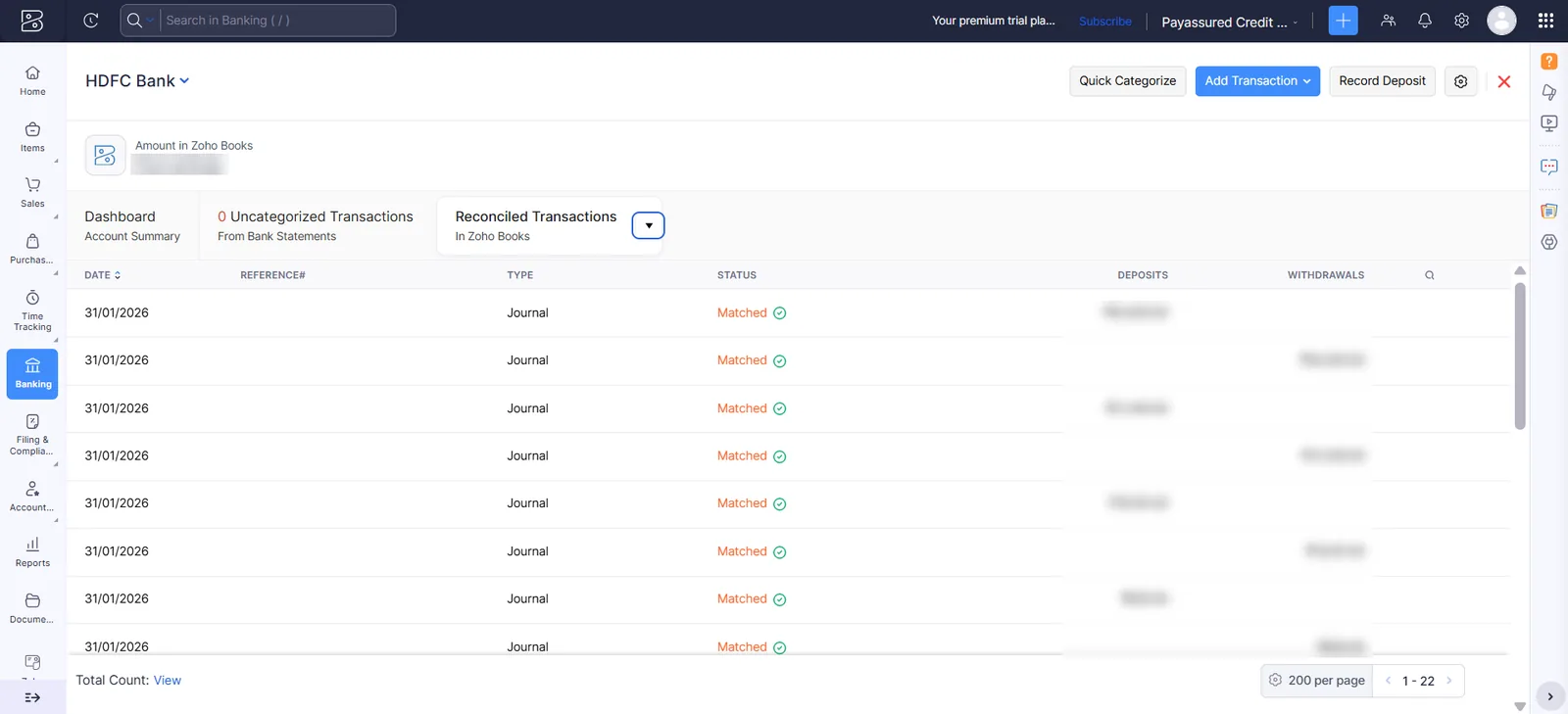 Reconciled journal transactions in Zoho Books