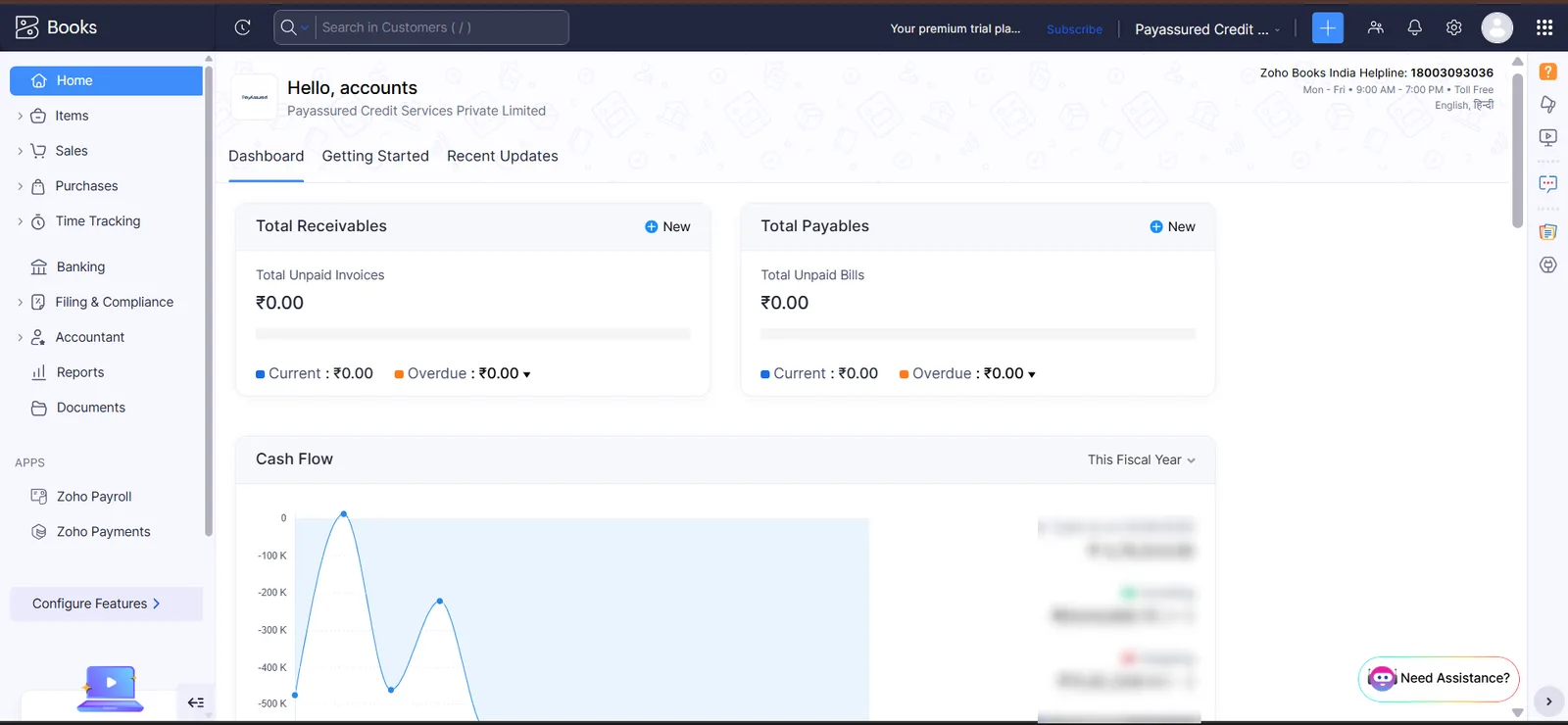 Zoho Books home dashboard with receivables, payables and cash flow
