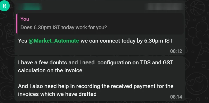 Client follow-up asking for help with TDS and GST on invoices and recording payments