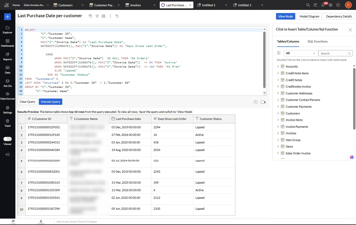 SQL query that labels each customer active, at risk or lapsed by days since last order