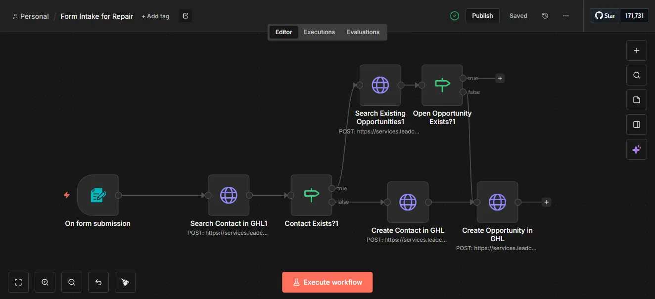 Repair intake form workflow in n8n
