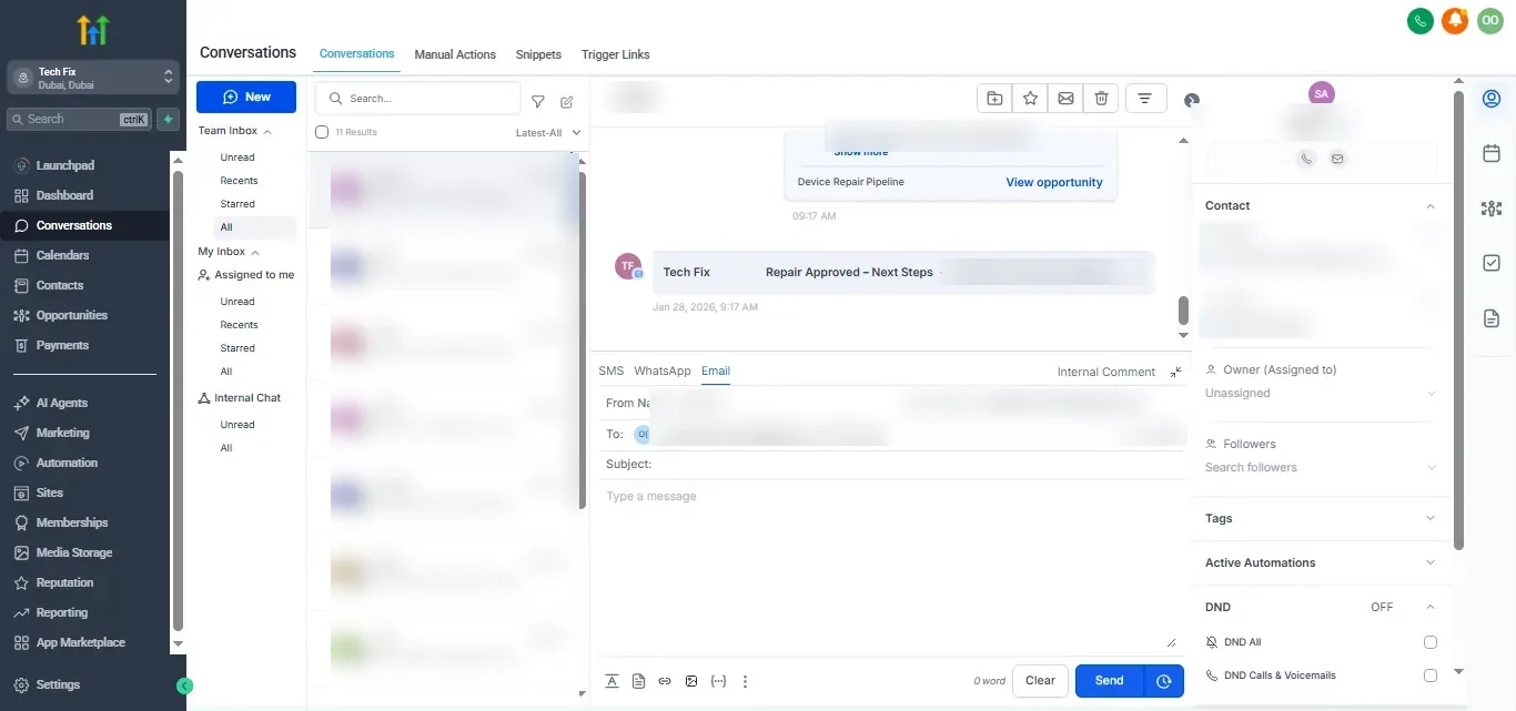 GoHighLevel conversations showing automatic customer updates