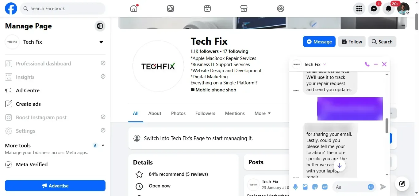 Tech Fix Facebook page with the chatbot answering a customer