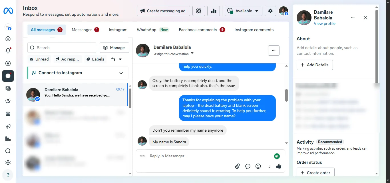 Messenger conversation with the bot