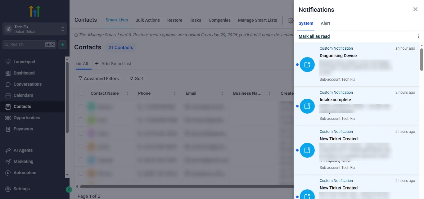 Staff notifications